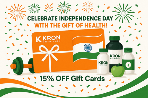 Celebrate Independence Day with the gift of health!
Get a KRON Nutrition Gift Card for your friends, family, or workout buddy — and enjoy 15% OFF instantly. Perfect for any supplement, merch, or wellness product in our store.

💳 Available in: ₹500 | ₹1000 | ₹2000 | ₹5000
🎯 Can be used storewide
📅 No expiry date
⚡ Instant delivery via email